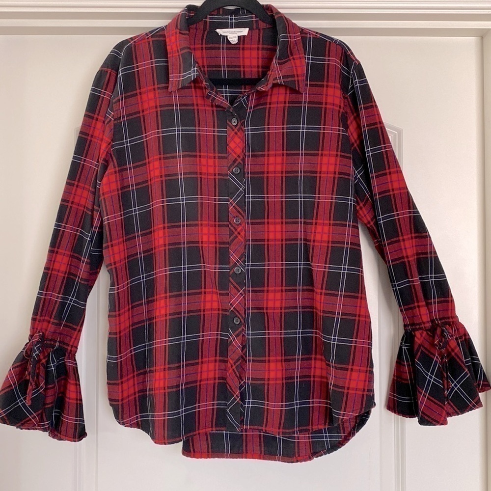 beachlunchlounge Plaid Shirt Womens XL Red Black button up Cabincore Festive